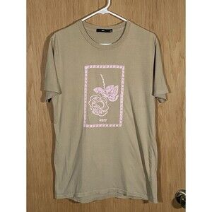 Vtg Y2K Obey T-Shirt Fallen Rose Tan Pink Spellout Cotton Basic Women's Sz Sm